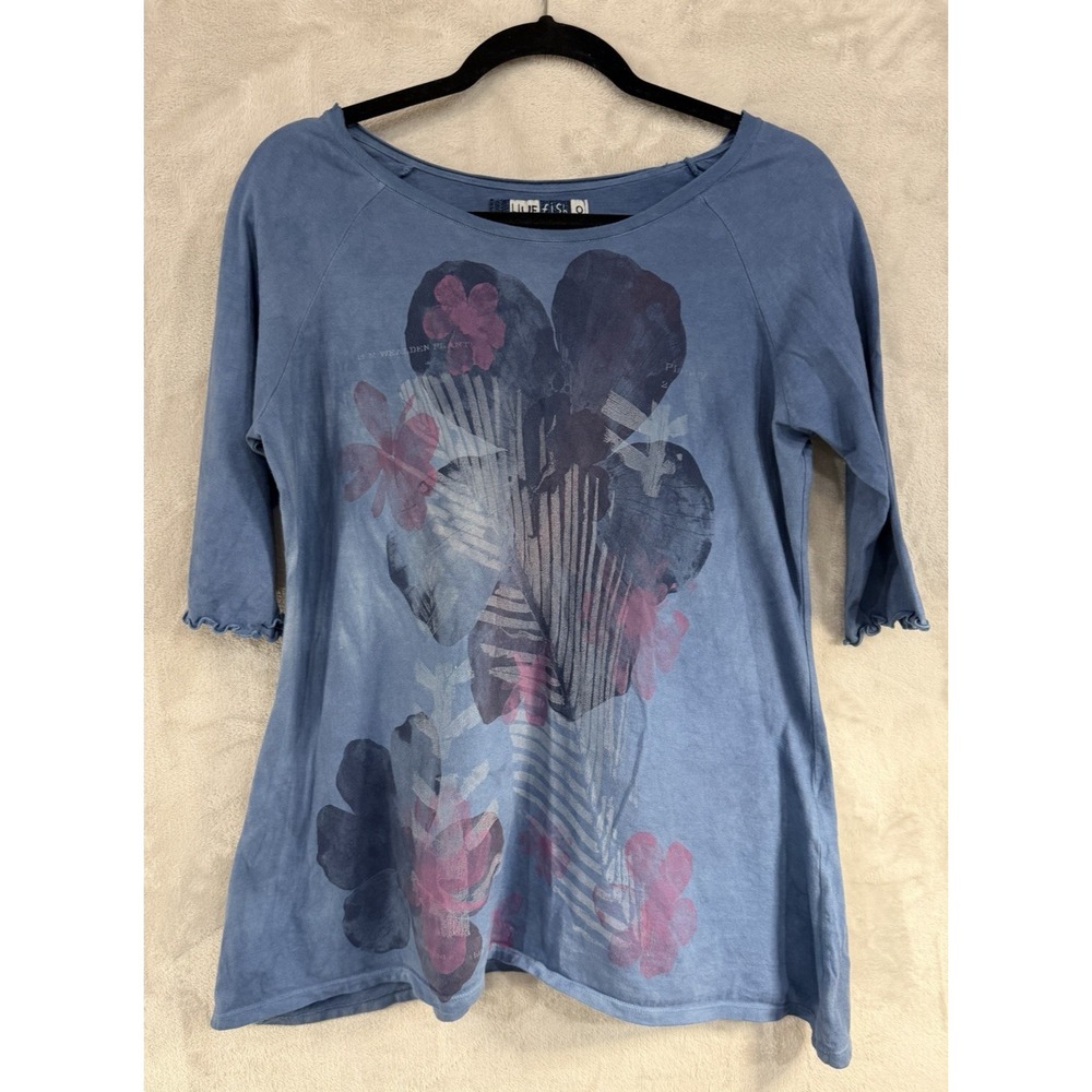 Vintage BLUE FISH Organic Cotton Artwear Shirt Lagenlook Hand Screen Top Sz 0 M